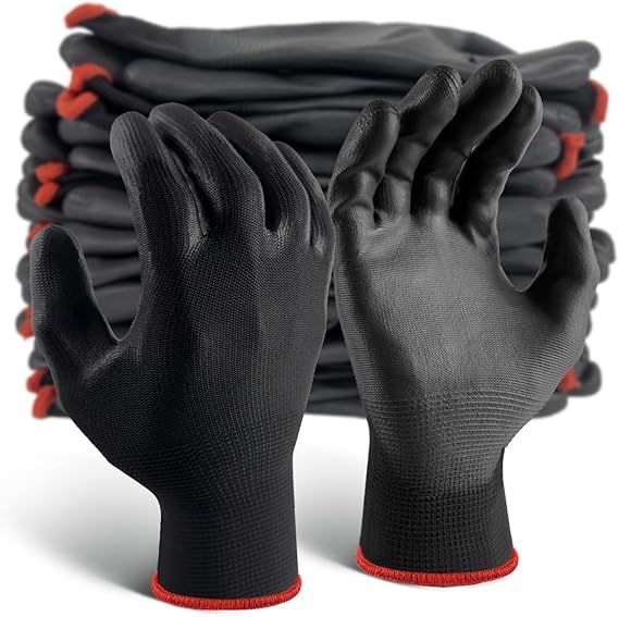 RK TRENDS Safety Gloves - Nylon Nitrile Coated Industrial & Home Cut Resistant Hand Gloves. (Black (PU Coated), Pack of 12 Pairs) - Image 1