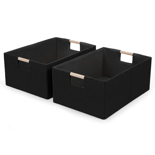 Jukercici Foldable Fabric Storage Cubes 2 Packs Cloth Storage Baskets with Wooden Handles Collapsible Shelf Closet Organizer Bins Rectangular Storage Boxes for Decor Black 2 Pack - Image 1
