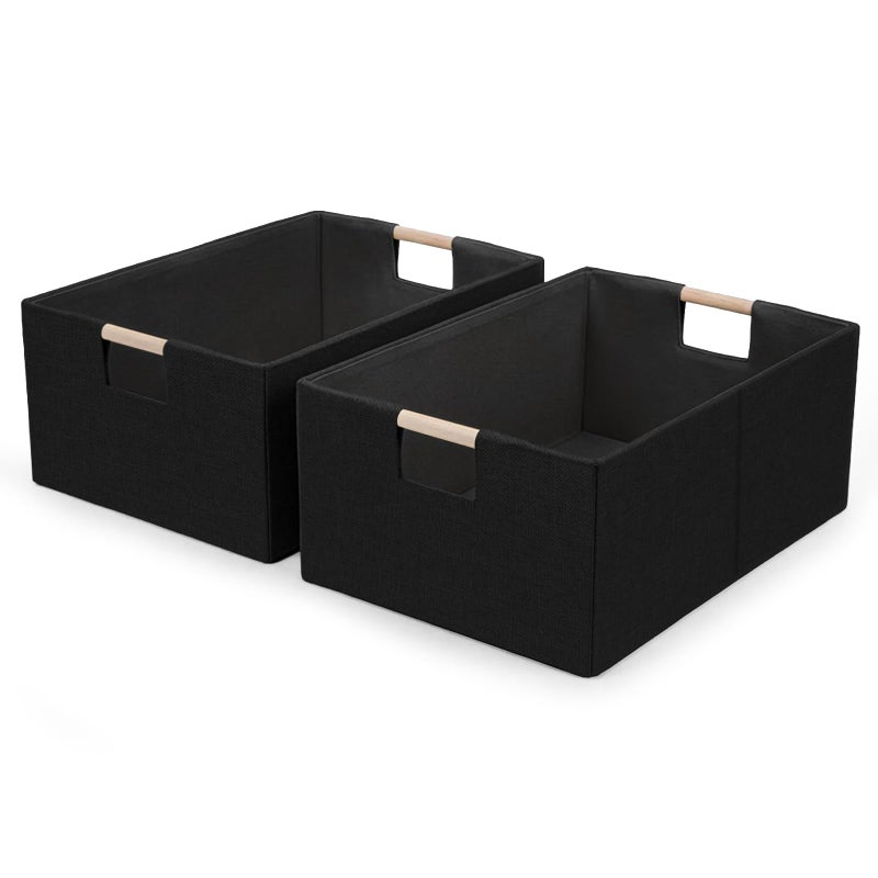 Jukercici Foldable Fabric Storage Cubes 2 Packs Cloth Storage Baskets with Wooden Handles Collapsible Shelf Closet Organizer Bins Rectangular Storage Boxes for Decor Black 2 Pack - Image 2