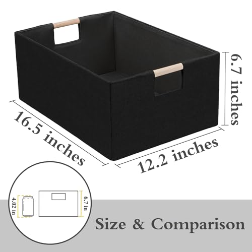 Jukercici Foldable Fabric Storage Cubes 2 Packs Cloth Storage Baskets with Wooden Handles Collapsible Shelf Closet Organizer Bins Rectangular Storage Boxes for Decor Black 2 Pack - Image 3