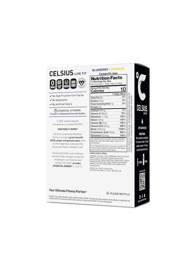CELSIUS مشروب الطاقة الأساسي أثناء التنقل، ليمون التوت الأزرق (عبوة 14 عصا) - Image 2