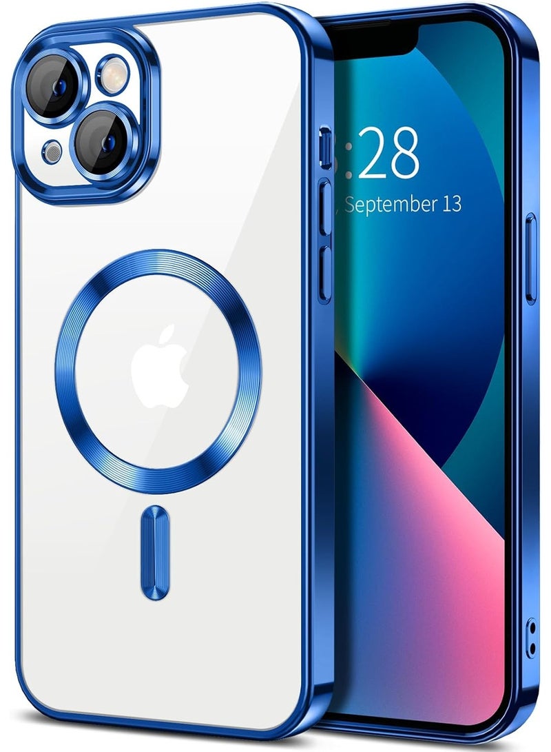 Electroplated Case For IPhone14 Plus/15 Plus Camera Lens Full Protection Compatible with MagSafe Wireless Charging, Shockproof Soft TPU Phone Magnetic Cover (Blue) - Image 1