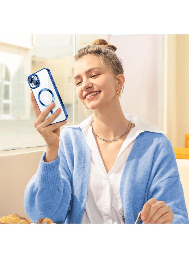 Electroplated Case For IPhone14 Plus/15 Plus Camera Lens Full Protection Compatible with MagSafe Wireless Charging, Shockproof Soft TPU Phone Magnetic Cover (Blue) - Image 2