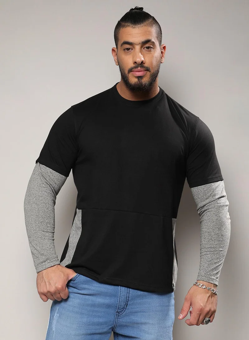 Instafab Plus Men's Black Colourblocked Regular Fit  Casual T-Shirt