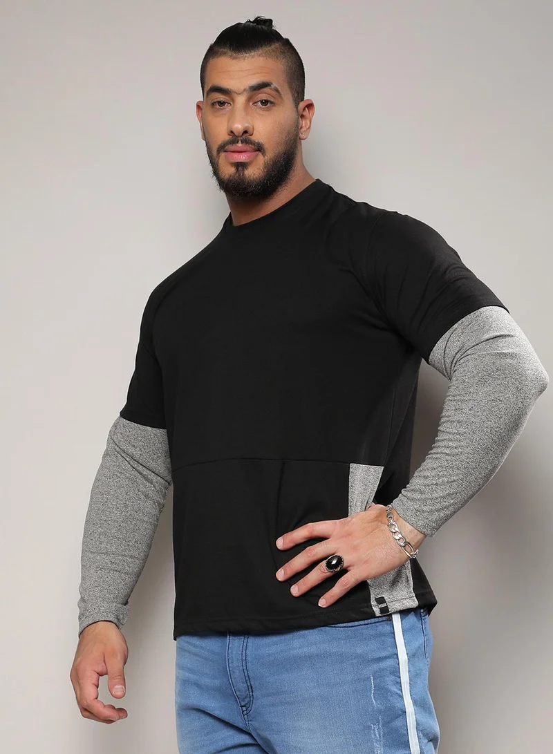 Instafab Plus Men's Black Colourblocked Regular Fit  Casual T-Shirt