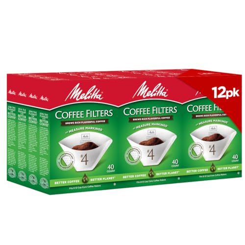 Melitta #4 Cone Coffee Filters, White, 40 Count (Pack Of 12), 480 Total Filters - Fits all 8-12 Cup Cone Coffee Makers and Pour-Overs, Compostable, Tear-Resistant, Made in USA - Image 1