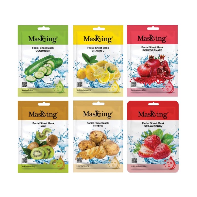 MasKing Beauty Cucumber VitaminC Pomegranate Kiwi Potato Strawberry extract Facial sheet mask for glowing and hydrating daily Skin care combo pack of 6 - Image 1