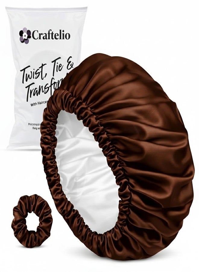 Craftelio Luxury Satin Silk Hair Bonnet for Sleeping with Satin Scrunchie | For Women & Girls | Curly, Straight & All Hair Types - (Brown) - Image 1
