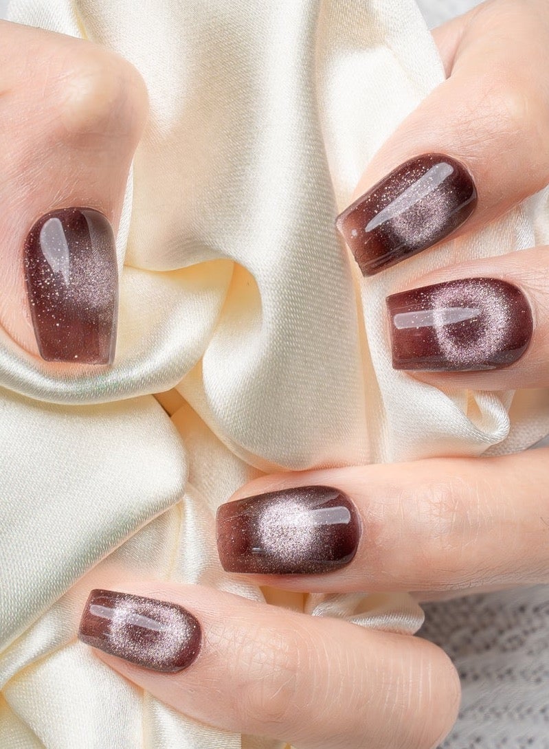 Nailosophy 10 Pcs Handmade Gel Press On Nails Short Square Chocolate Brown Cat Eye Reusable False Nails for Women, Daily Wear Office Wedding Party Eid - Image 1