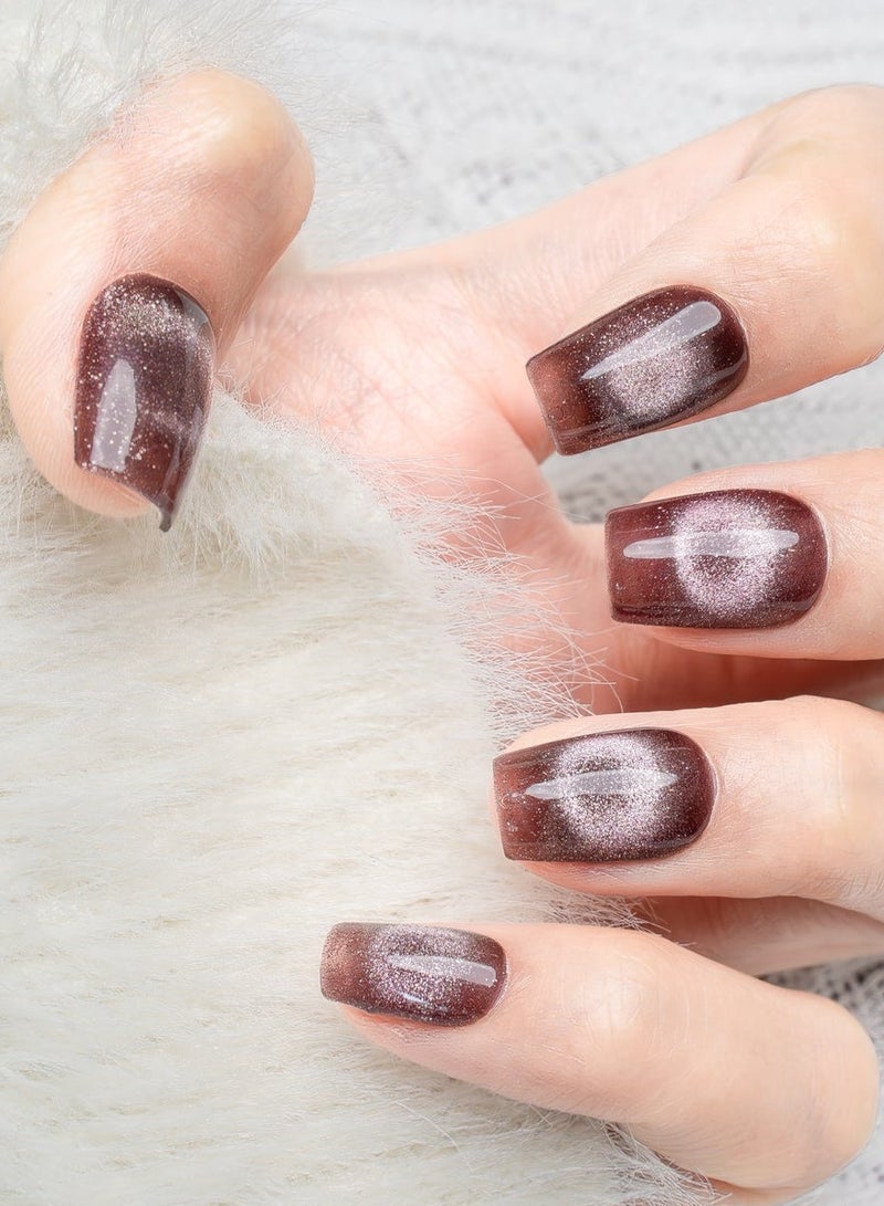 Nailosophy 10 Pcs Handmade Gel Press On Nails Short Square Chocolate Brown Cat Eye Reusable False Nails for Women, Daily Wear Office Wedding Party Eid - Image 2
