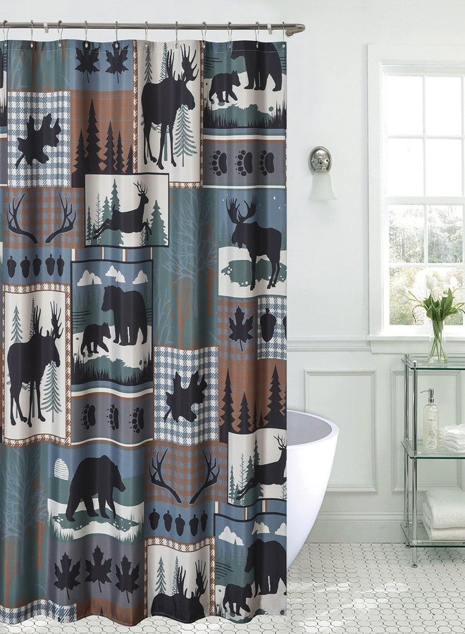 De Leon Collections Woodland Forest Patchwork Animal Moose Bear Nature Winter Themed Decorative 72" Shower Curtain - Image 1