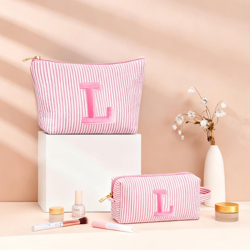 Fohufo Travel Makeup Bag for Girls - Personalized Initial Pink Makeup Bag, Teen Girl Gifts Trendy Stuff, 6 7 8 9 10 11 12 Year Girl Birthday Gift, Christmas Gift for Girls Travel Essentials, Letter M - Image 2