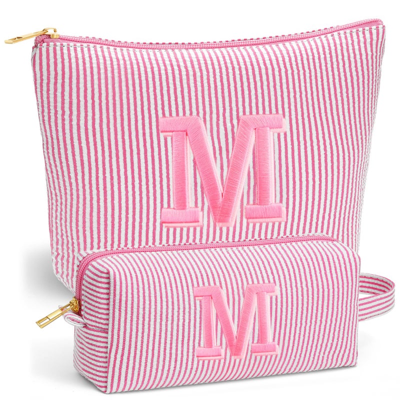 Fohufo Travel Makeup Bag for Girls - Personalized Initial Pink Makeup Bag, Teen Girl Gifts Trendy Stuff, 6 7 8 9 10 11 12 Year Girl Birthday Gift, Christmas Gift for Girls Travel Essentials, Letter M - Image 1