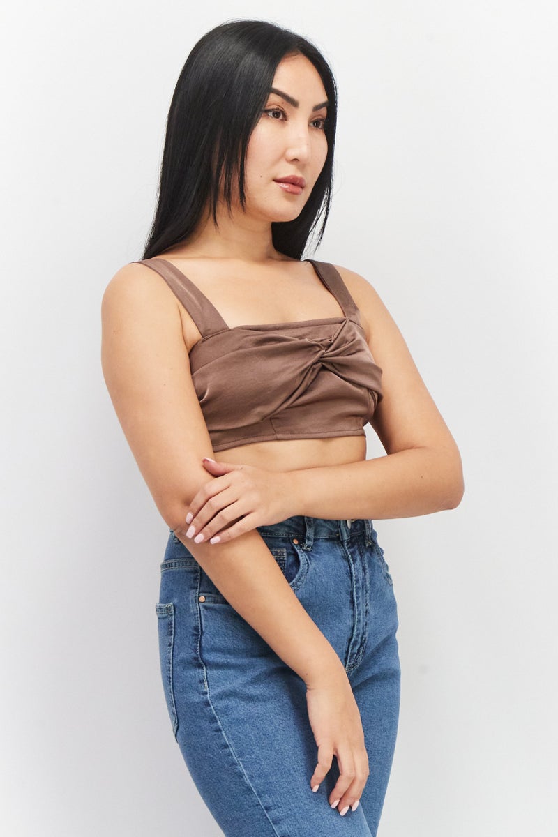 Unique21 Women Square Neck Sleeveless Plain Crop Top, Dark Brown - Image 3