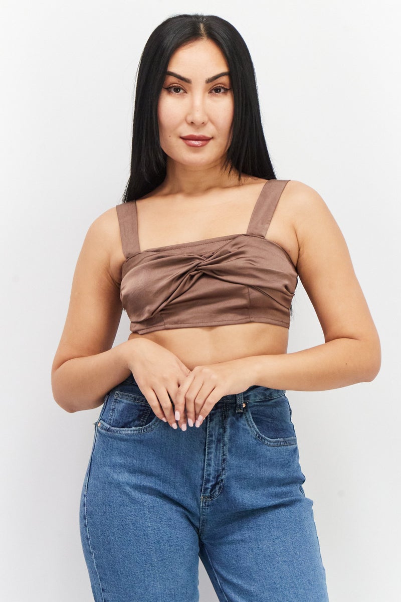 Unique21 Women Square Neck Sleeveless Plain Crop Top, Dark Brown - Image 1