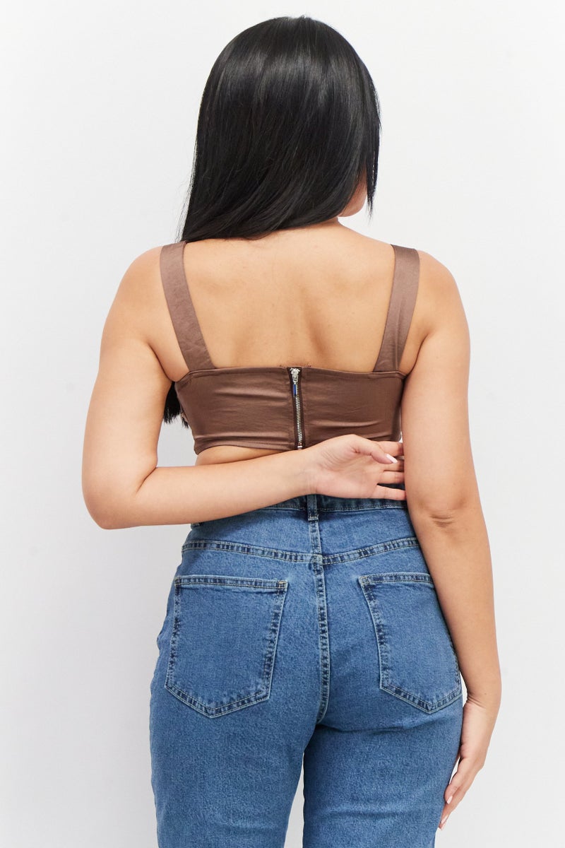 Unique21 Women Square Neck Sleeveless Plain Crop Top, Dark Brown - Image 2