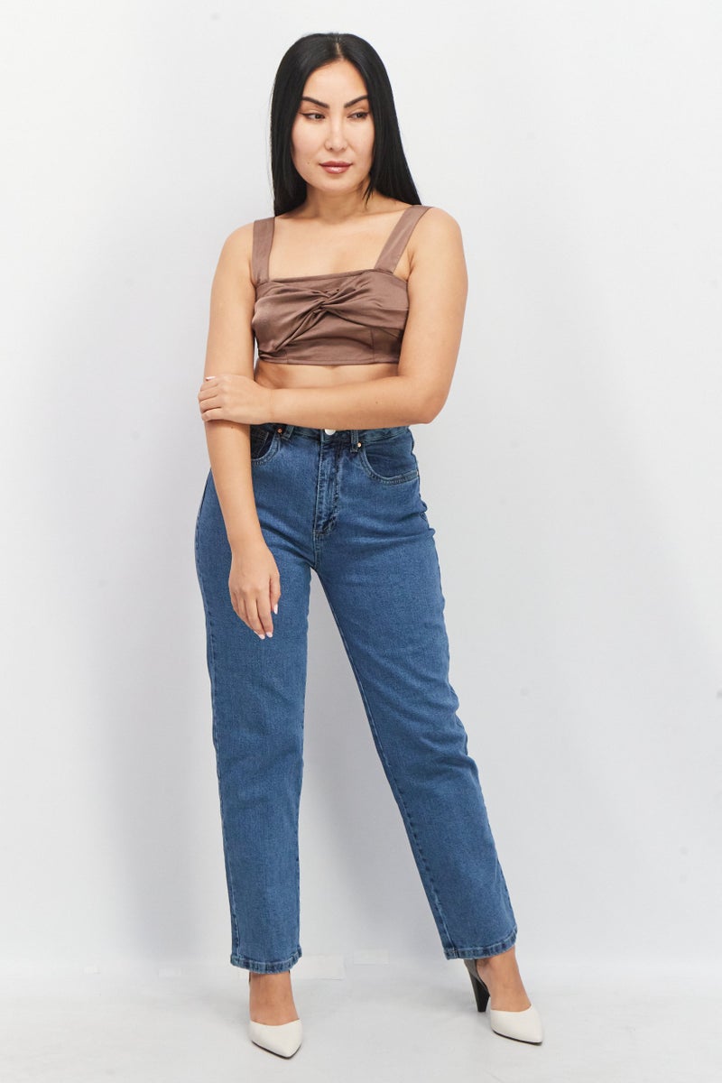 Unique21 Women Square Neck Sleeveless Plain Crop Top, Dark Brown - Image 2