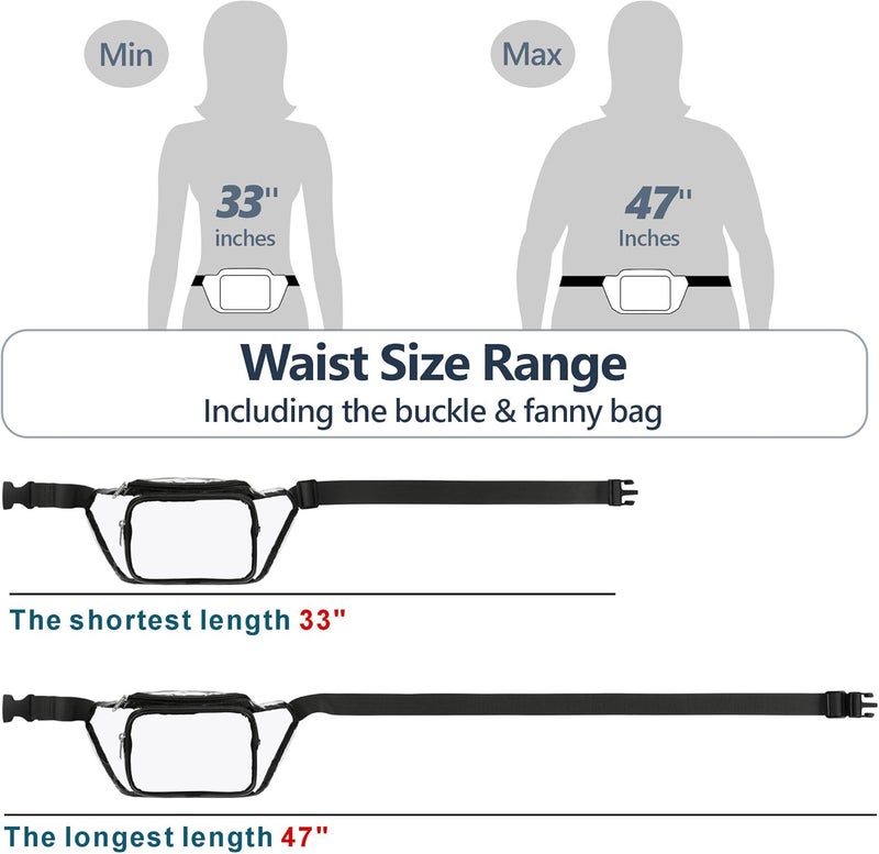 Veckle 2 Pack Clear Fanny Pack Stadium Approved - Adjustable Range 33” - 47“ Belt Bag for Women MenTransparent Waist Bag Fits Sport Events, Travel, Concerts, Black - Image 3