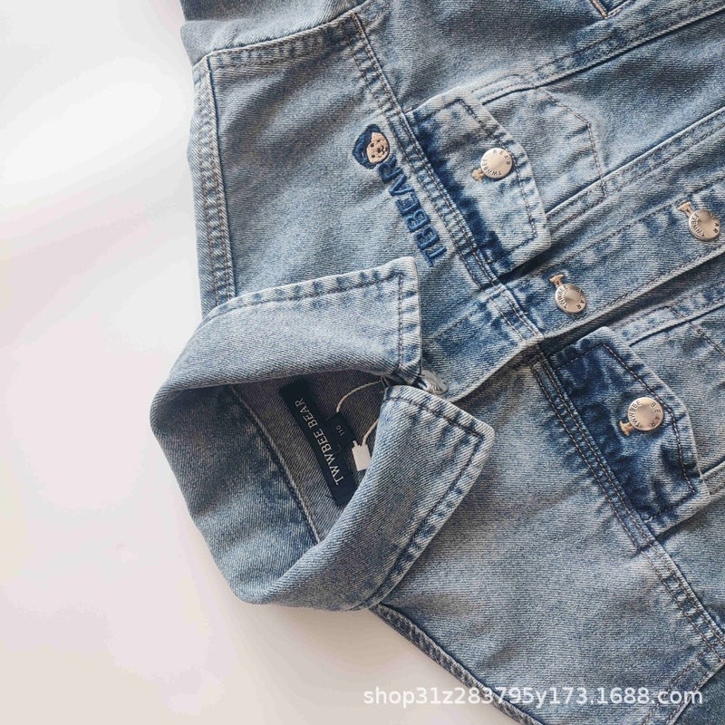 Children'S Denim Jacket Tw Little Bear'S 24 Spring Style Retro Distressed Modern Denim Jacket - Image 4