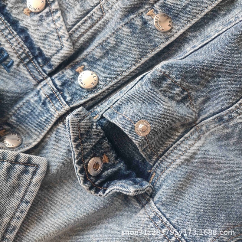 Children'S Denim Jacket Tw Little Bear'S 24 Spring Style Retro Distressed Modern Denim Jacket - Image 5