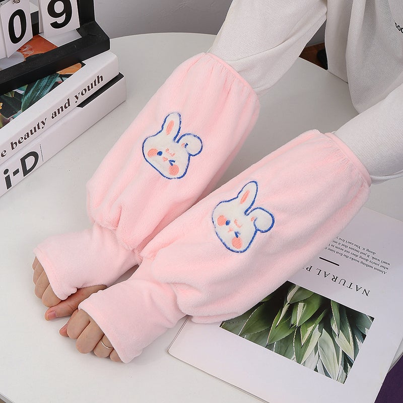 Warm Sleeve-Length Gloves Two-In-One Adult And Childrens Cartoon Design Fall/Winter Warm And Dirt-Resistant Integrated Handwarm Rabbit pink