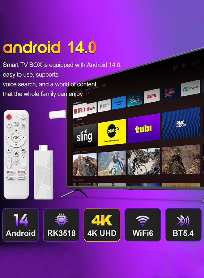 H96 Max TV Stick Android14 Quad Core BT5.4 4K@60fps ATV Launcher Google Voice Assistant Media Player AI TV Stick, TV Box(2GB + 16GB)  - Image 3