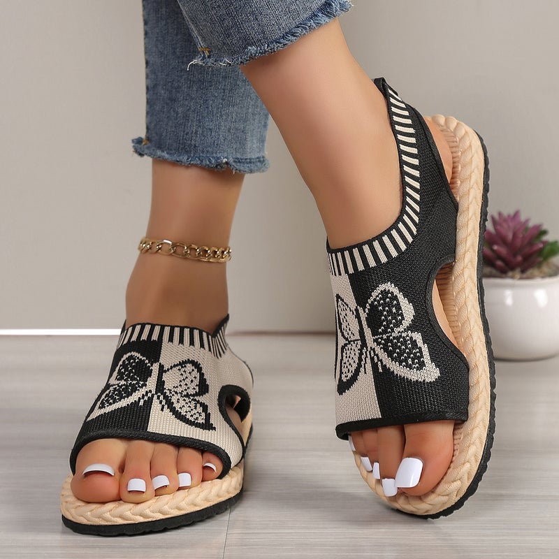 Womens Summer 2024 New Style Flat Simple Comfortable Korean Version Casual Breathable Slip-on Fish Mouth Sandals Knitted butterfly black