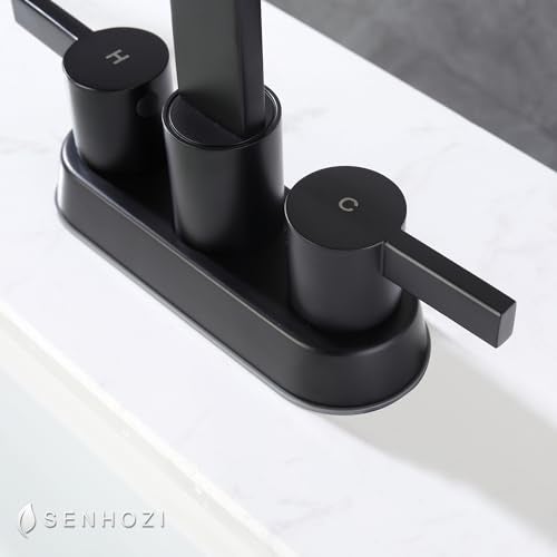 Senhozi Matte Black Bathroom Faucets for Sink 3 Hole, 4 Inch Centerset Waterfall Faucet Bathroom Sink Faucet with Pop-up Drain and 2 Supply Hose, SUS304 2 Handle Faucet for Bathroom Sink, SE-0048-BK - Image 2
