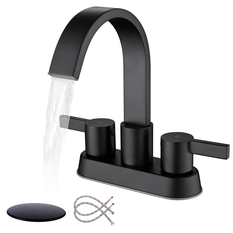 Senhozi Matte Black Bathroom Faucets for Sink 3 Hole, 4 Inch Centerset Waterfall Faucet Bathroom Sink Faucet with Pop-up Drain and 2 Supply Hose, SUS304 2 Handle Faucet for Bathroom Sink, SE-0048-BK - Image 3