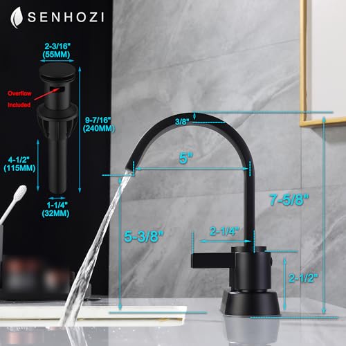 Senhozi Matte Black Bathroom Faucets for Sink 3 Hole, 4 Inch Centerset Waterfall Faucet Bathroom Sink Faucet with Pop-up Drain and 2 Supply Hose, SUS304 2 Handle Faucet for Bathroom Sink, SE-0048-BK - Image 4