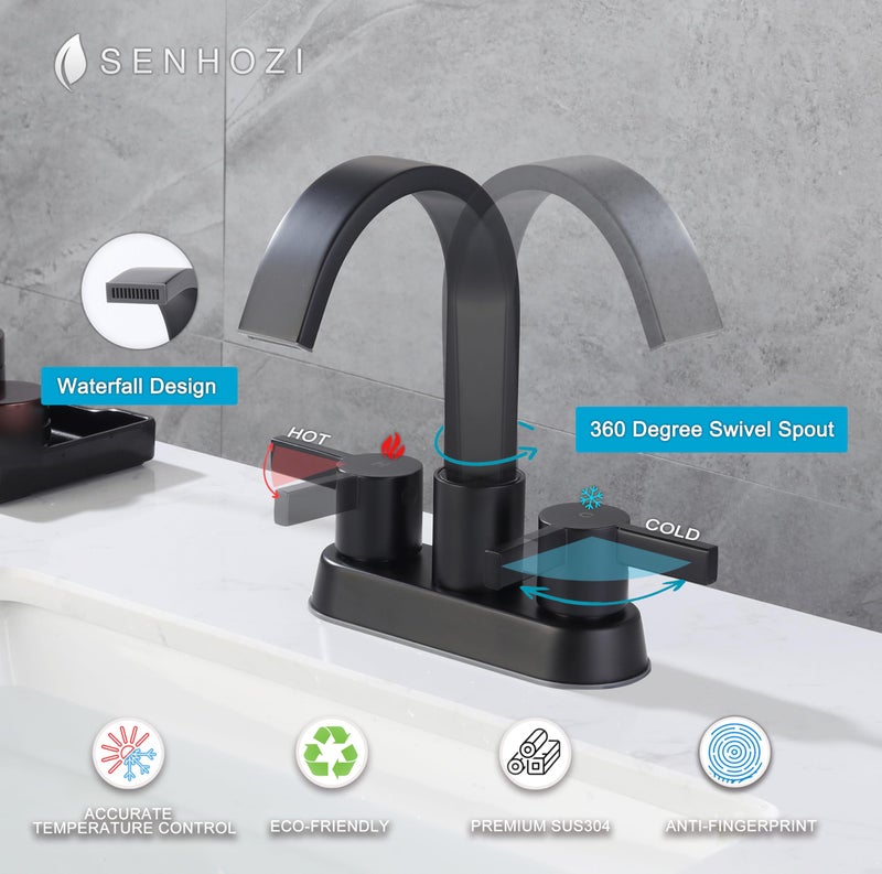 Senhozi Matte Black Bathroom Faucets for Sink 3 Hole, 4 Inch Centerset Waterfall Faucet Bathroom Sink Faucet with Pop-up Drain and 2 Supply Hose, SUS304 2 Handle Faucet for Bathroom Sink, SE-0048-BK - Image 5