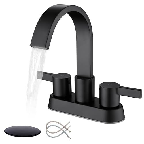Senhozi Matte Black Bathroom Faucets for Sink 3 Hole, 4 Inch Centerset Waterfall Faucet Bathroom Sink Faucet with Pop-up Drain and 2 Supply Hose, SUS304 2 Handle Faucet for Bathroom Sink, SE-0048-BK - Image 1
