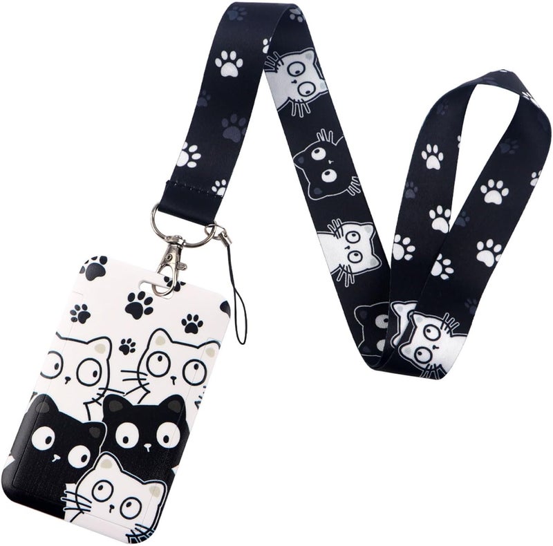 KASTWAVE Printed Lanyard with Hard Vertical Card Holder and Sliding Badge Protector, Neck Strap for ID Cards, Keys, Badges, Adjustable Keychain Lanyard for Office, School, Exhibitions, Events (Cat) - Image 1