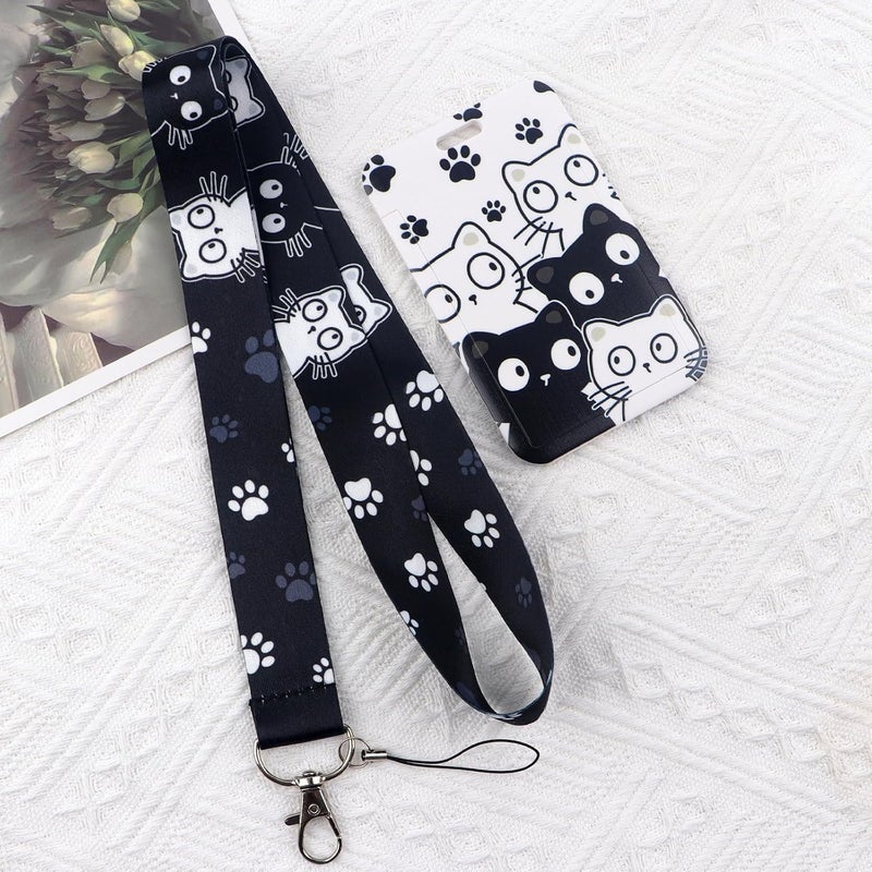 KASTWAVE Printed Lanyard with Hard Vertical Card Holder and Sliding Badge Protector, Neck Strap for ID Cards, Keys, Badges, Adjustable Keychain Lanyard for Office, School, Exhibitions, Events (Cat) - Image 2