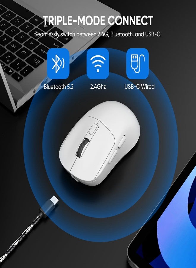 MELOGAGA Wireless Gaming Mouse, 2.4G/Bluetooth 5.4/USB-C 3-Mode Wired/Cordless Game Mice with 8 Adjustable DPI, Ergonomic Rechargeable Computer Mouse for PC, Mac, PS5, Tablet -White - Image 2