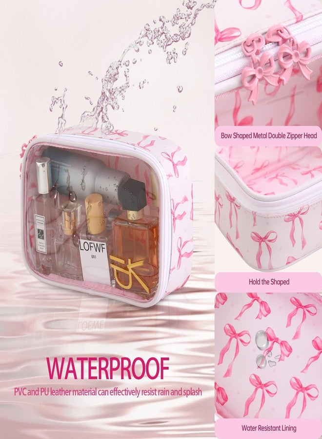 DYSHAYEN Clear Makeup Bag for Women Girls Small Travel Pink Bow Cosmetic Bag Cute Makeup Pouch for Purse Birthday Gifts for Girlfriend Mom Bridesmaid (Pink Bow B) - Image 3