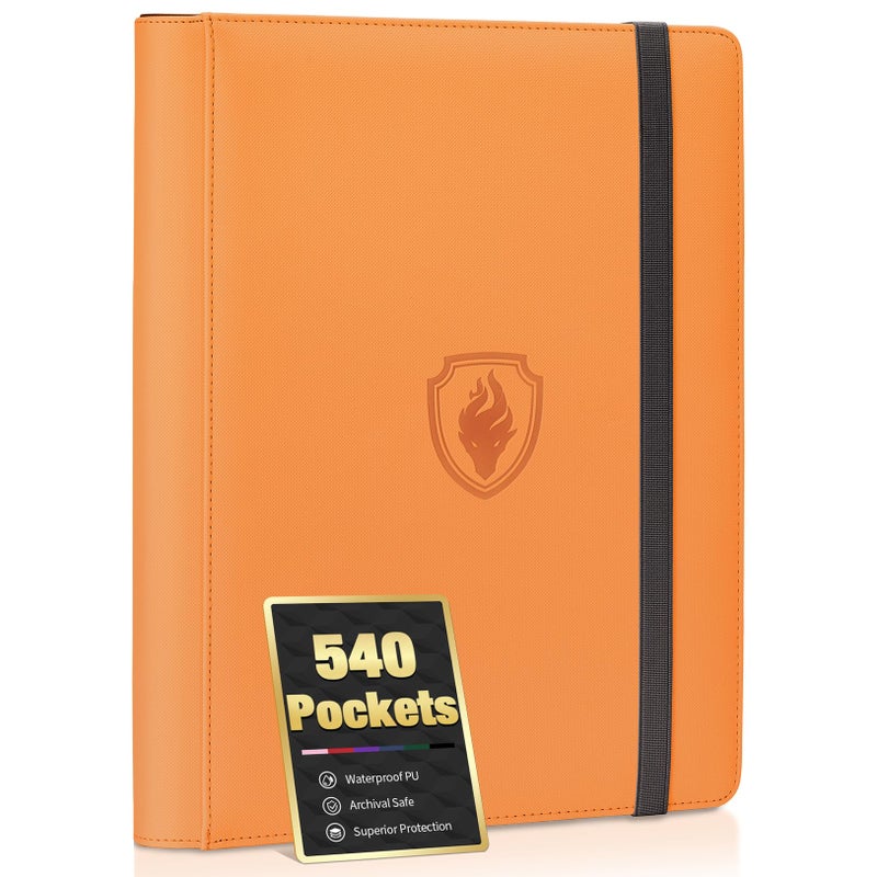 Fabmaker Premium 9 Pocket Card Binder for 540 Cards, Fabmaker PU Cover Trading Card Binder, Sturdy Card Collection Album, Sleek Card Holder Folders for Game Cards & Sports Cards, Orange - Image 1