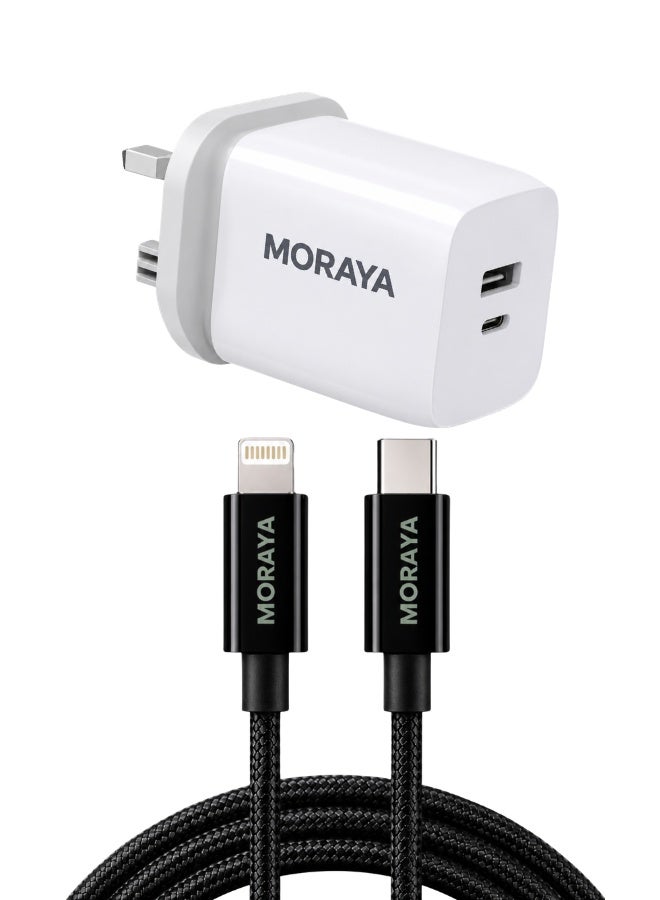MORAYA 65W GaN Fast Charger with USB-C to Lightning Cable, Dual Port PD Wall Charger, 27W Braided iPhone Charging Cable for iPhone 14 13 12 11, iPad, AirPods