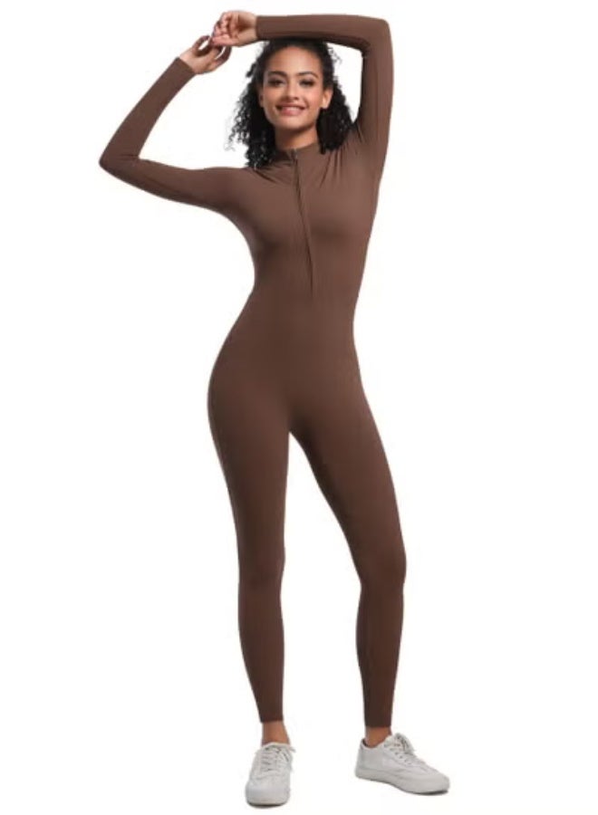 RedMapleTEK European And American Half-Zip Tight Solid Color High Elastic Long Yoga Suit Fitness Running Sports Jumpsuit  - Image 2