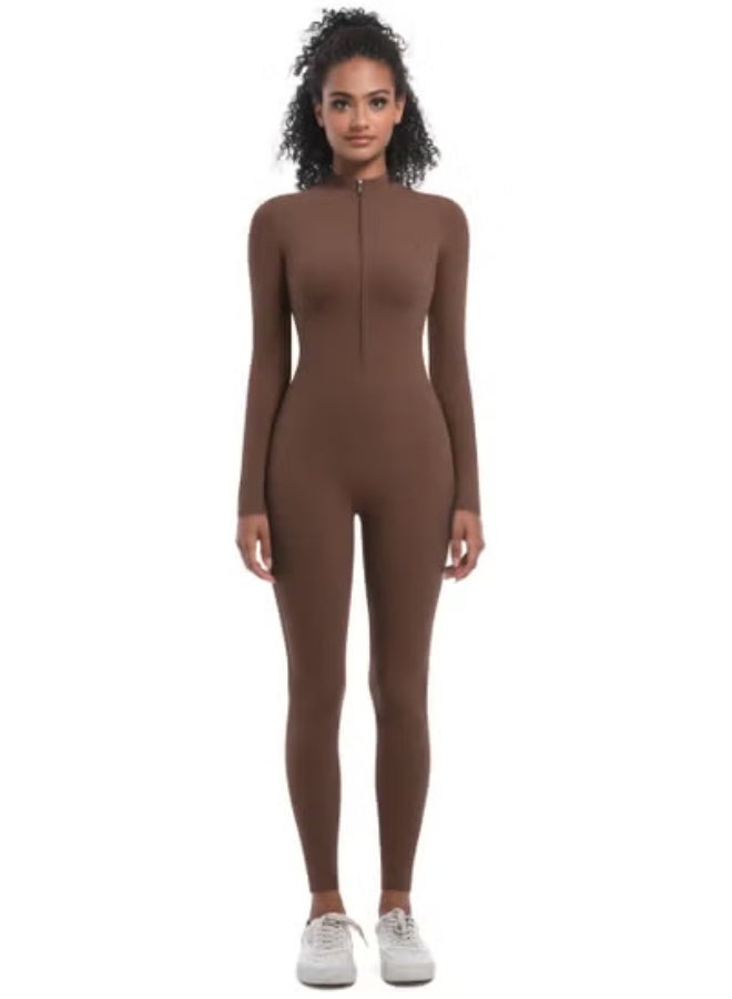 RedMapleTEK European And American Half-Zip Tight Solid Color High Elastic Long Yoga Suit Fitness Running Sports Jumpsuit  - Image 1