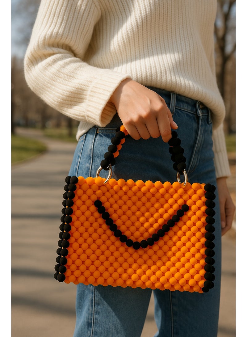 Handmade Beaded Handbag – Fully Handcrafted Orange & Black Bead Bag with Beaded Handle - Image 4