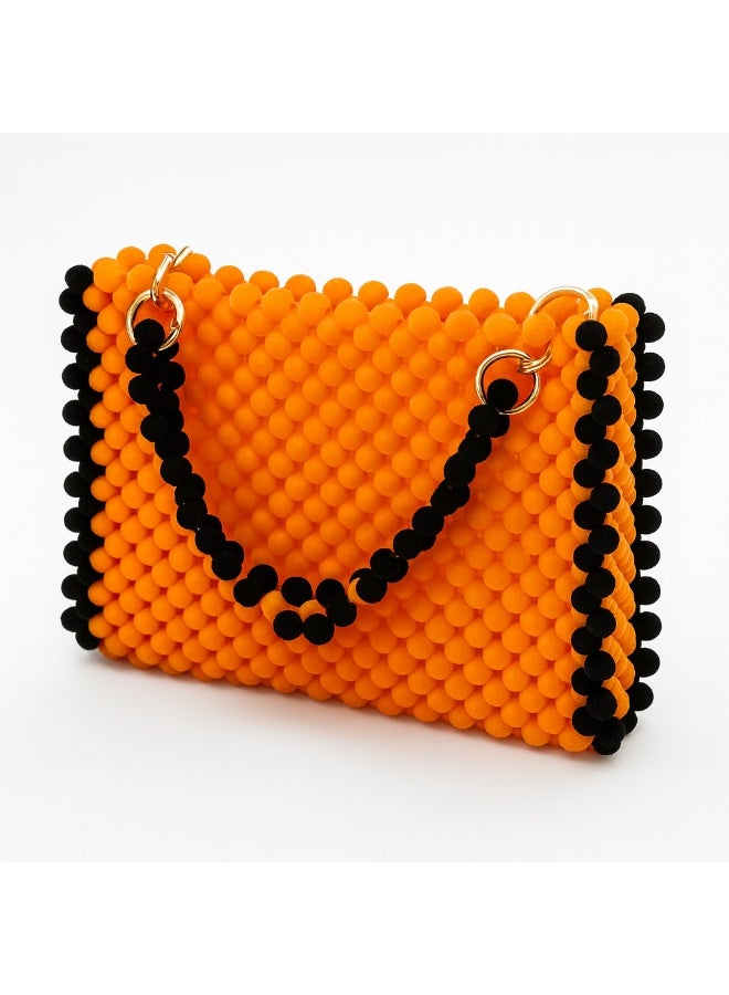 Handmade Beaded Handbag – Fully Handcrafted Orange & Black Bead Bag with Beaded Handle - Image 3