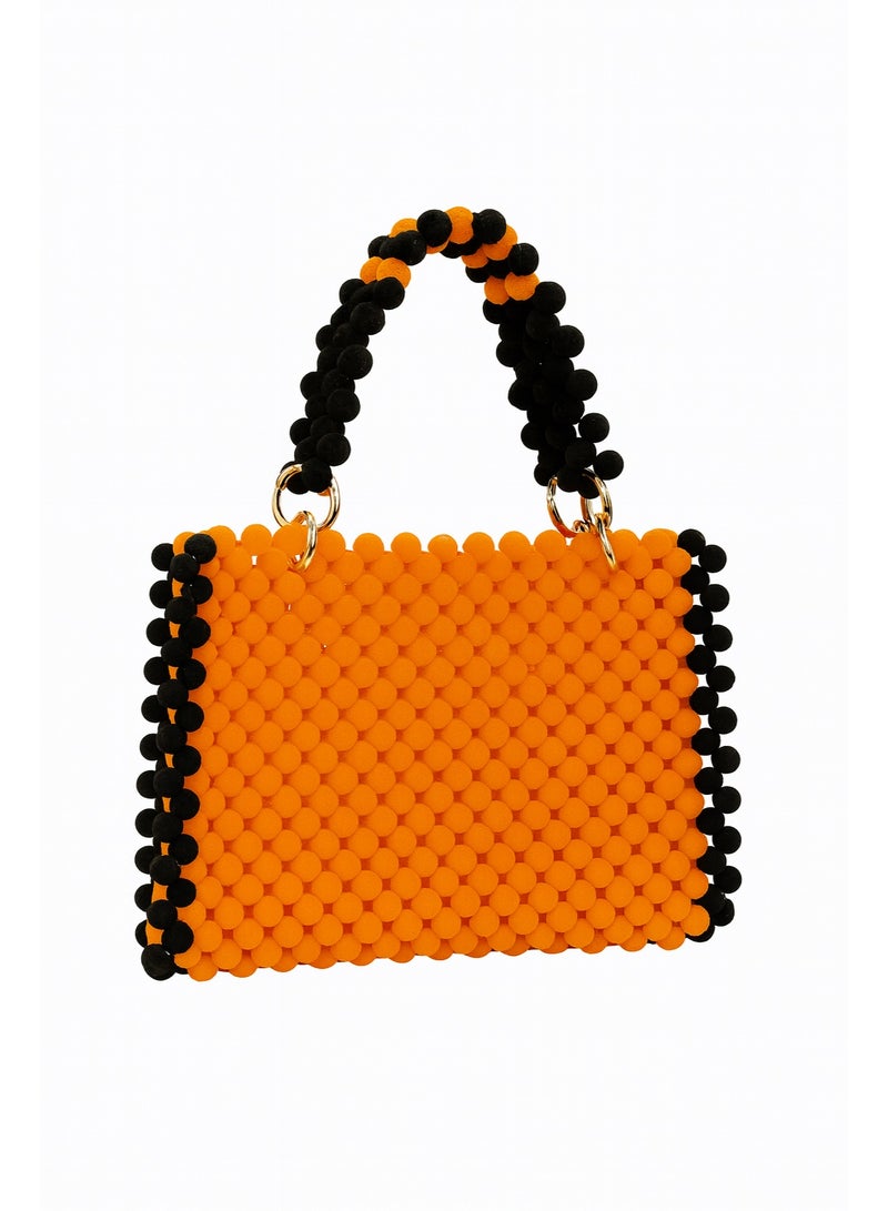 Handmade Beaded Handbag – Fully Handcrafted Orange & Black Bead Bag with Beaded Handle - Image 1