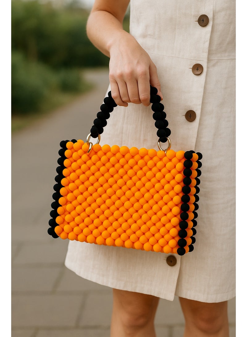 Handmade Beaded Handbag – Fully Handcrafted Orange & Black Bead Bag with Beaded Handle - Image 2