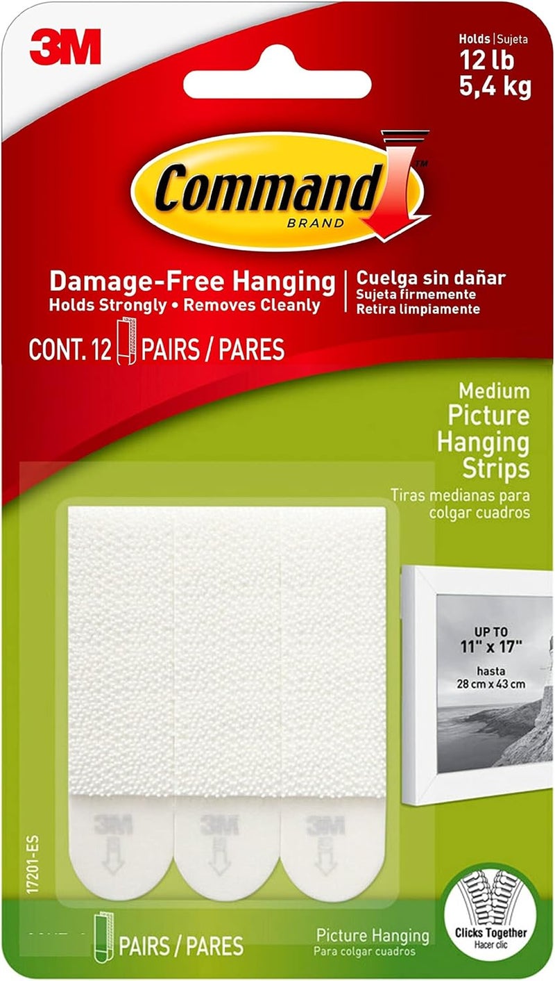 Command Picture Medium Hanging Strips Value Pack - 12 Pairs, Holds 5.4 kg, Damage-Free Hanging, White - Image 1