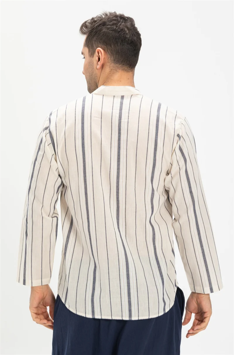 اكبينيز Long Sleeve Şile Cloth Single Pocket Classic Collar Men's Tshirt Ecru Gray Striped 3028