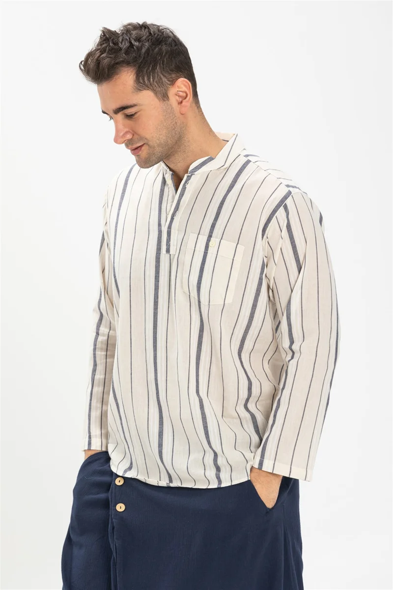 اكبينيز Long Sleeve Şile Cloth Single Pocket Classic Collar Men's Tshirt Ecru Gray Striped 3028