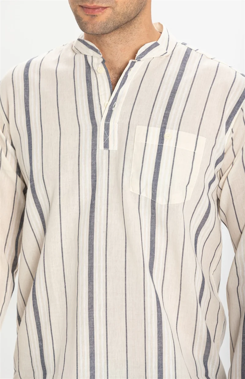 اكبينيز Long Sleeve Şile Cloth Single Pocket Classic Collar Men's Tshirt Ecru Gray Striped 3028