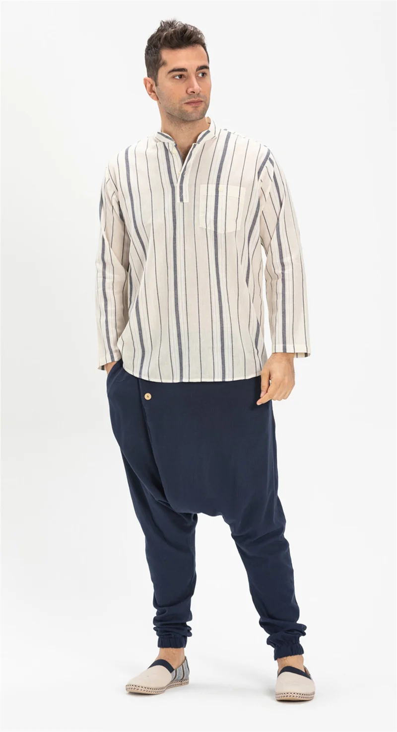 اكبينيز Long Sleeve Şile Cloth Single Pocket Classic Collar Men's Tshirt Ecru Gray Striped 3028