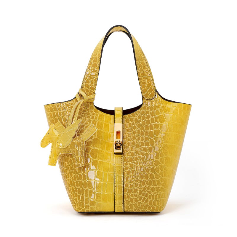 Kadynow Tote Bag for Women Vegan Leather Bucket Purse for Women Crocodile Pattern Top Handle Handbag Shoulder Bag with Detachable Small Purse Yellow - Image 1